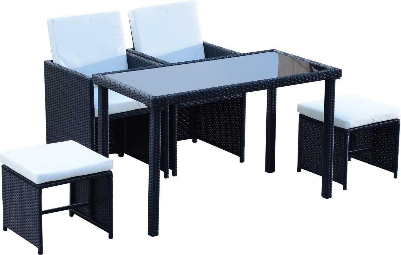 vivagarden 863010 set mobili da giardino rattan 5 pezzi tavolo 2 sedie 2 poggiapiedi con cuscini combinabili a rettangolo nero - 863010