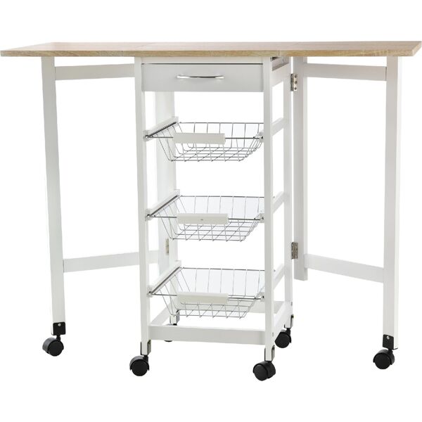 dechome 125e801 carrello da cucina con 3 cestini cassetto e ribalte 6 ruote girevoli in mdf e metallo 37x37x77.5cm bianco e legno - 125e801