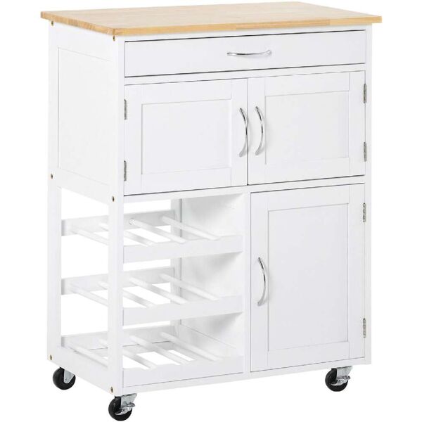 dechome 179801 carrello portavivande per cucina in legno bianco con portabottiglie 1 cassetto e 3 antine 67x37x87cm - 179801