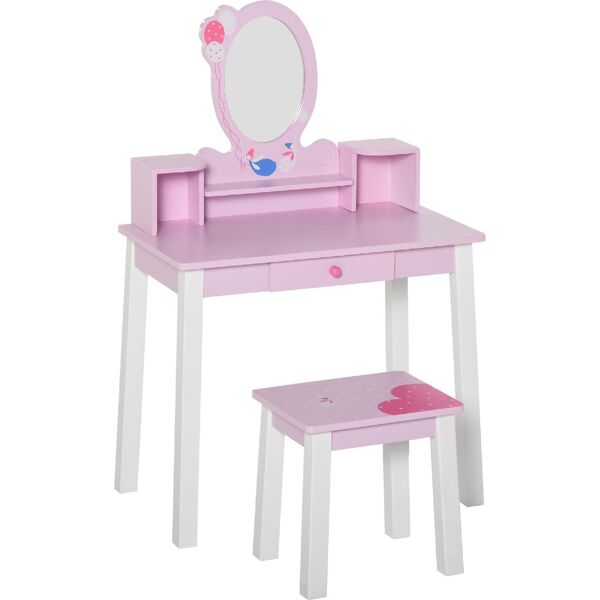 dechome 355514 set tavolo toeletta specchio e sgabello in legno per bambini rosa - 355514