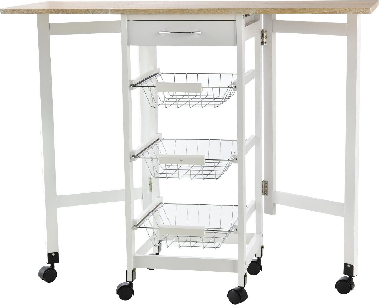 dechome 125e801 carrello da cucina con 3 cestini cassetto e ribalte 6 ruote girevoli in mdf e metallo 37x37x77.5cm bianco e legno - 125e801