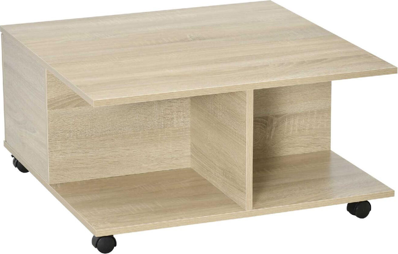 dechome 118nd Tavolino Da Caffè In Legno Con 2 Cassetti 2 Mensole E Ruote Con Freno 70x70x35cm Legno