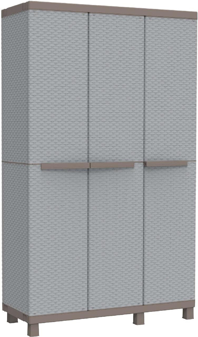 terry 1002812 armadio da esterno armadietto 3 ante 3 ripiani cm 102x39x170 h finiture in rattan colore grigio tortora - c-rattan 120a - 1002812