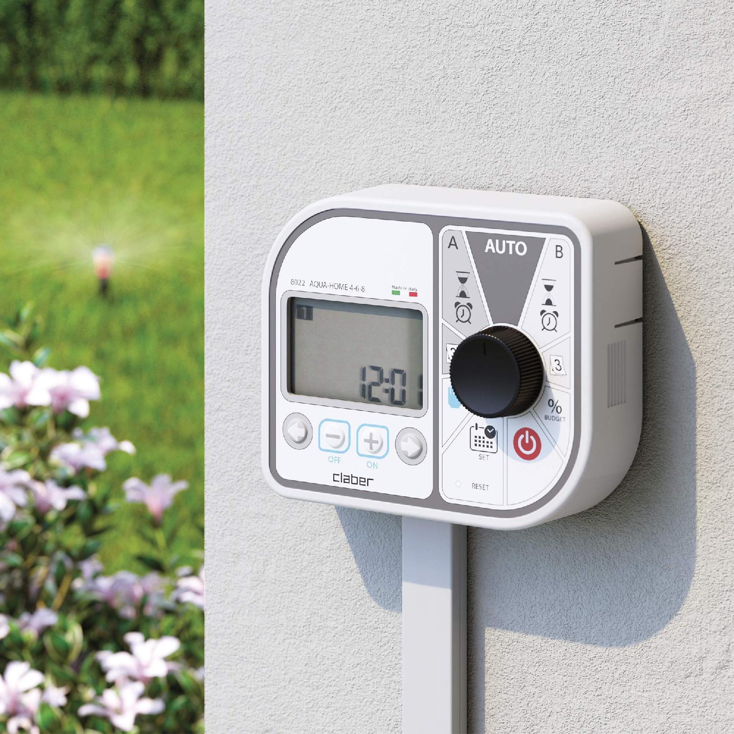 claber 8022 centralina irrigazione programmatore elettrico per impianto irrigazione max 8 linee con display 4 partenze 2 programmi per linea programmazione settimanale - 8022 aqua-home 4-6-8