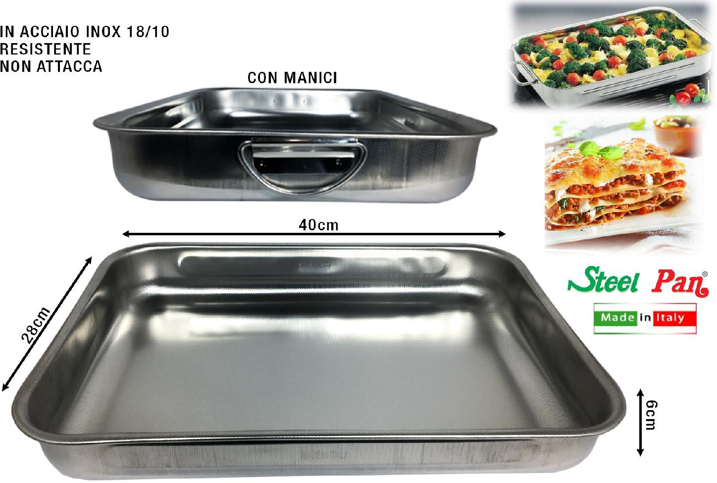 steel pan e10183 teglia rettangolare acciaio inox 18/10 cm 40 antigraffio - e10183