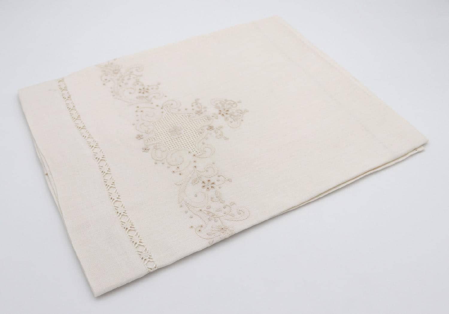 blanco gfl054 asciugamani bagno set 1+1 in puro lino ricamo a mano motivo arabesco e sfilato punto gigliuccio colore ecrù - nb1444