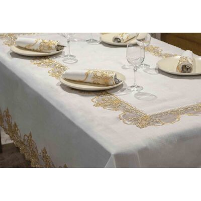 Blanco Yl169-91a Tovaglia 12 Posti Per Tavolo Rettangolare 180x270 Cm Ricamato In Lurex Oro Con Pizzo In Organza + 12 Tovaglioli 50x50 Cm - Yl169-91a Blanco Yl169-91a Tovaglia 12 Posti Per Tavolo Rettangolare 180x270 Cm Ricamato In Lurex Oro Con Pizzo In Organza + 12 Tovaglioli 50x50 Cm - Yl169-91a