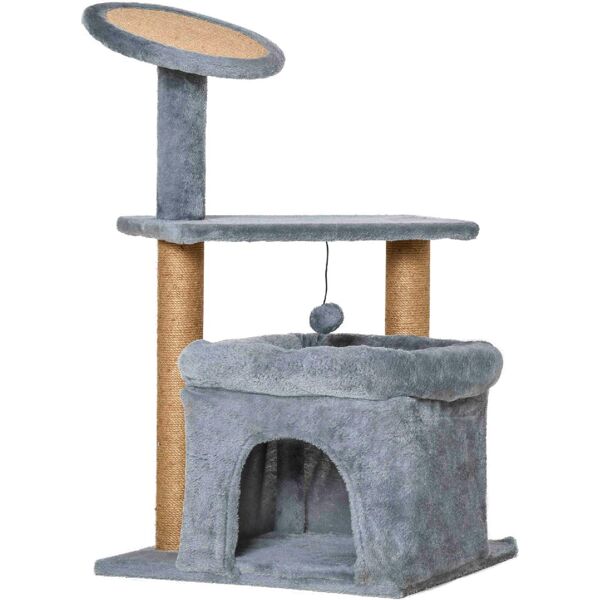 dechome 476 tiragraffi per gatti albero tiragraffi con pali in corda juta casetta e cuscino rivestimento in peluche altezza 84cm grigio