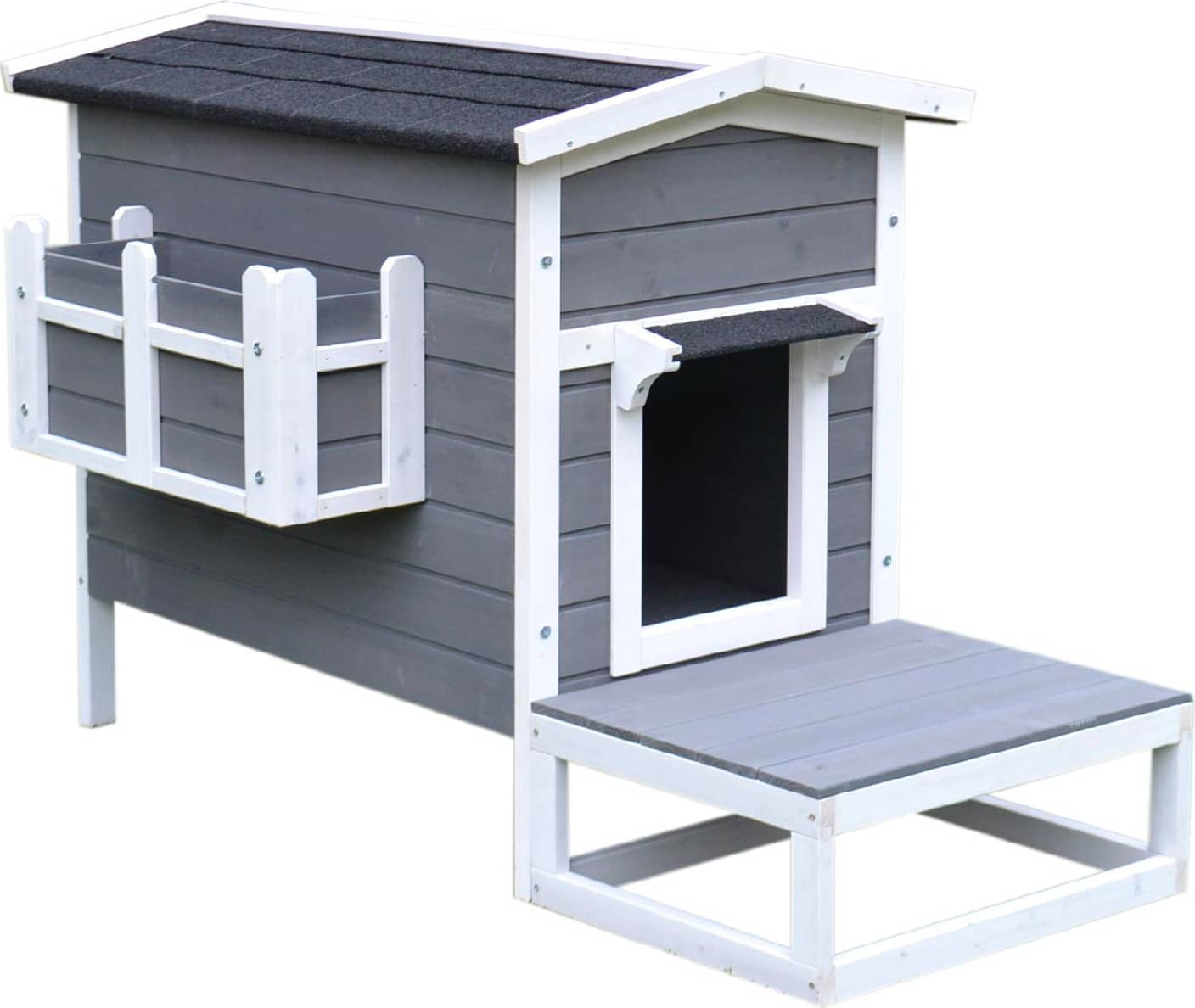 allmypets d30d03 cuccia per cani o gatti da esterno taglia media rialzata con balconcino e tetto impermeabile in legno grigio 83x66.5x74.7 cm - d30d03