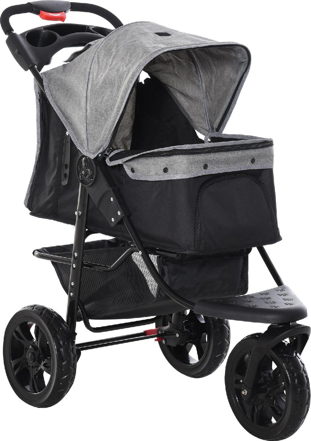 dechome 108v01gy passeggino per cani pieghevole a 3 ruote con freno cestino portaoggetti e porta bottiglia in acciaio e oxford grigio e nero 109.5x54.5x106.5cm