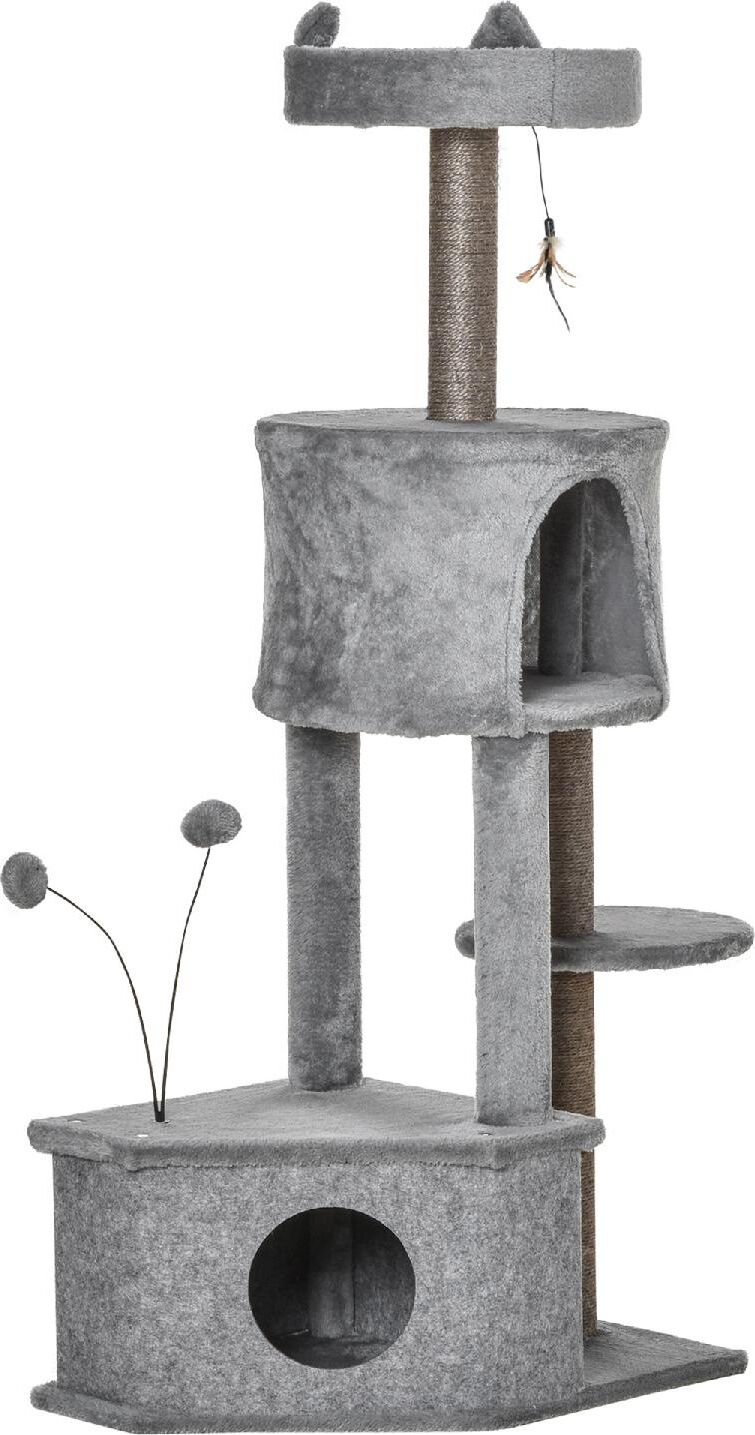 dechome 480 tiragraffi per gatti albero tiragraffi con cuccia pali in sisal e rivestimento in peluche e feltro grigio altezza 133cm grigio