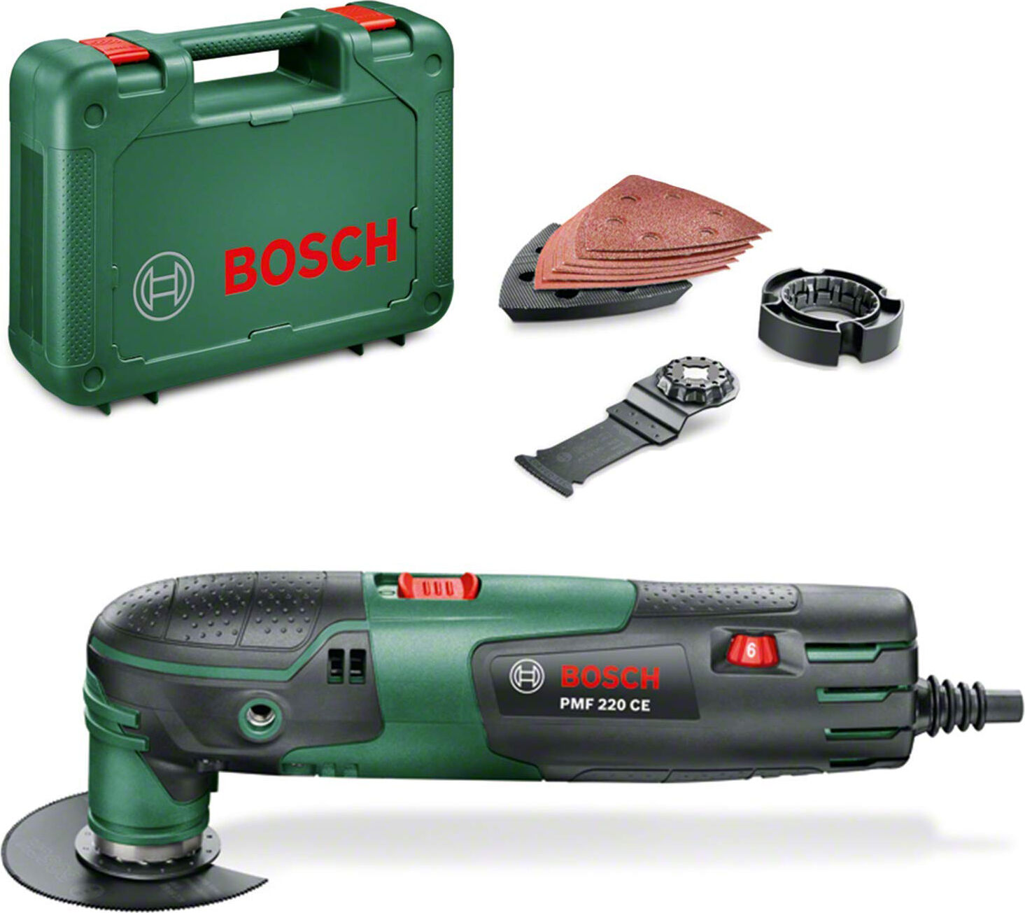 bosch 0.603.102.002 sega utensile multifunzione potenza 220 watt oscillazioni a vuoto 15.000-20.000/min angolo di oscillazione 1.4 ° + 8 accessori + valigetta - 0.603.102.002 pmf universal