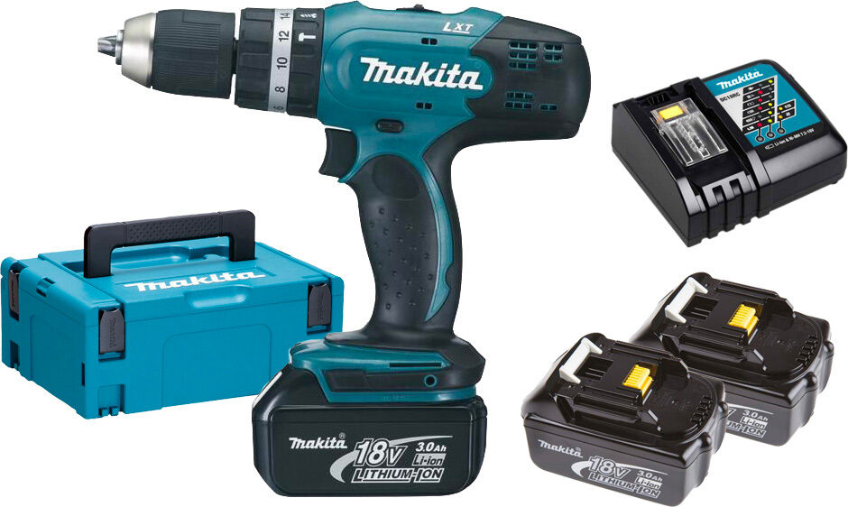 makita dhp453rf3j trapano avvitatore a batteria percussione 18v 3.0 ah velocità a vuoto 1300 giri/min 19500 colpi/min 2 velocità meccaniche - dhp453rf3j