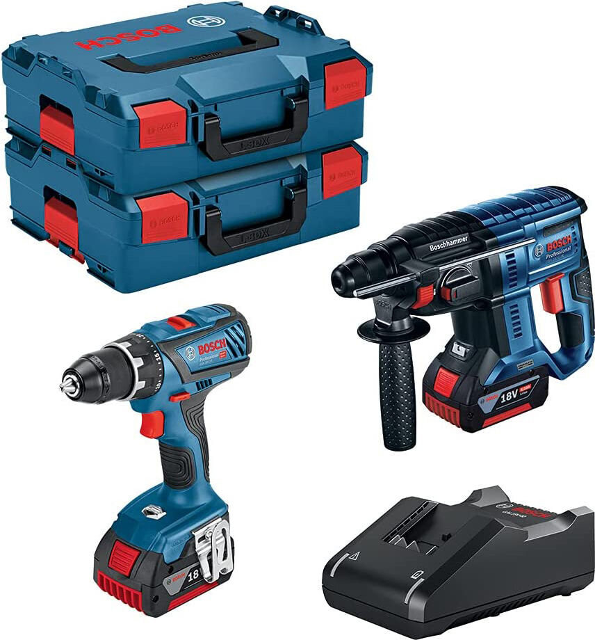 Bosch Gbh 18v-21+gsr 18v-28 Kit Trapano + Martello Perforatore Con Batteria E Valigette - Gbh 18v-21+gsr 18v-28