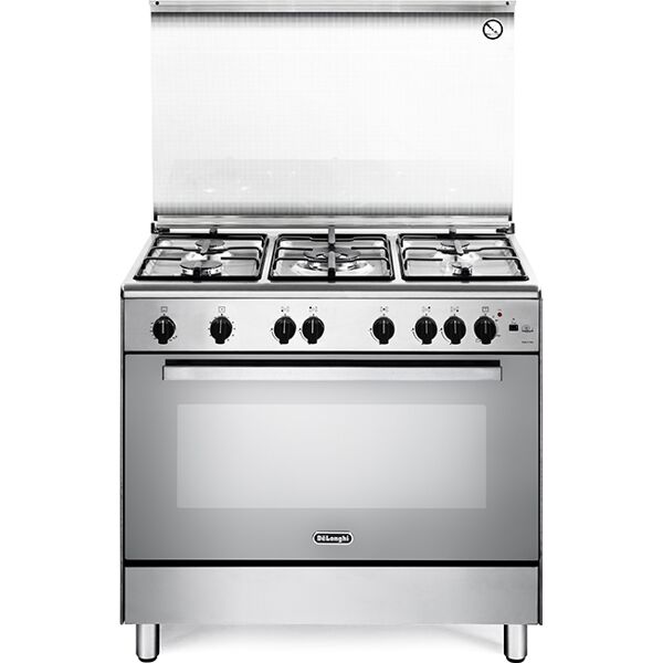 delonghi dgvx 96 cucina a gas 5 fuochi forno a gas ventilato con grill larghezza x profondità 90x60 cm classe energetica a con coperchio in cristallo e scaldavivande colore inox - dgvx 96