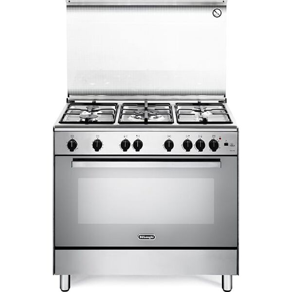 delonghi dgvx 96 ed cucina a gas 5 fuochi forno a gas ventilato con grill larghezza x profondità 90x60 cm classe energetica a con coperchio in cristallo e scaldavivande colore inox - dgvx 96 ed