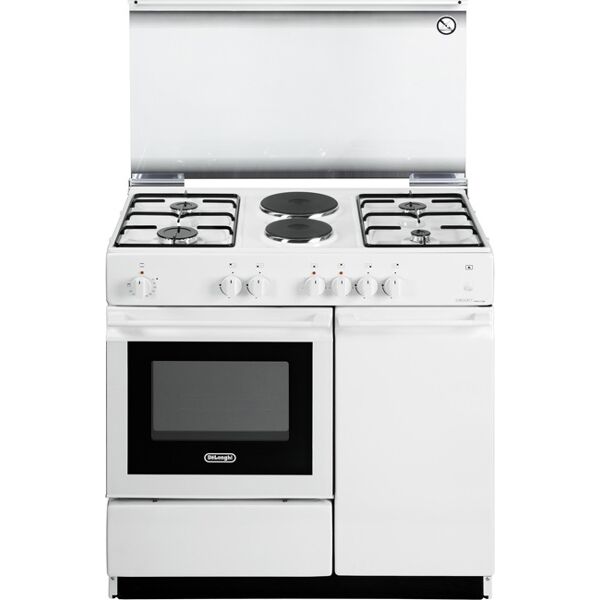 delonghi sew 8542 n cucina a gas 4 fuochi + 2 piastre forno elettrico con grill larghezza x profondità 86x50 cm con coperchio vano portabombola colore bianco - sew 8542 n linea smart