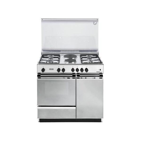 delonghi sex 8542 cucina a gas 4 fuochi + 2 piastre forno elettrico con grill larghezza x profondità 86x50 cm con coperchio vano portabombola colore inox - sex 8542 linea smart