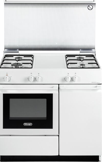 delonghi sew 8540 n cucina a gas 4 fuochi forno elettrico con grill larghezza x profondità 86x50 cm con coperchio in cristallo vano portabombola colore bianco - sew 8540 n linea smart