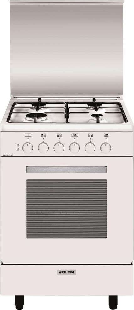 glem gas a554mx6 cucina a gas 4 fuochi forno elettrico multifunzione ventilato con grill larghezza x profondità 53x50 cm classe energetica a con coperchio colore bianco - a554mx6 linea alpha