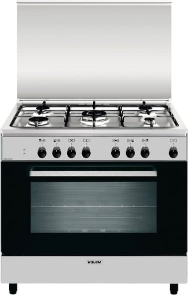 glem gas an965mi6 cucina a gas 5 fuochi (1 bruciatore tripla corona) forno elettrico ventilato multifunzione con grill larghezza x profondità 90x60 cm classe a vano scaldavivande coperchio in cristallo colore inox - an965mi6 linea alpha