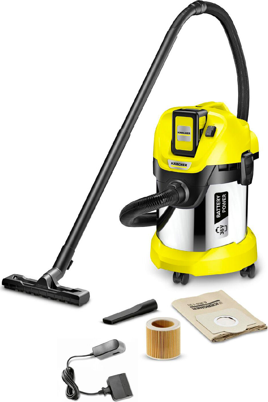 karcher 1.629-951.0 bidone aspiratutto senza sacco solidi e liquidi senza filo capacità 17 litri potenza 300 watt con ruote - 1.629-951.0 wd 3 battery premium set