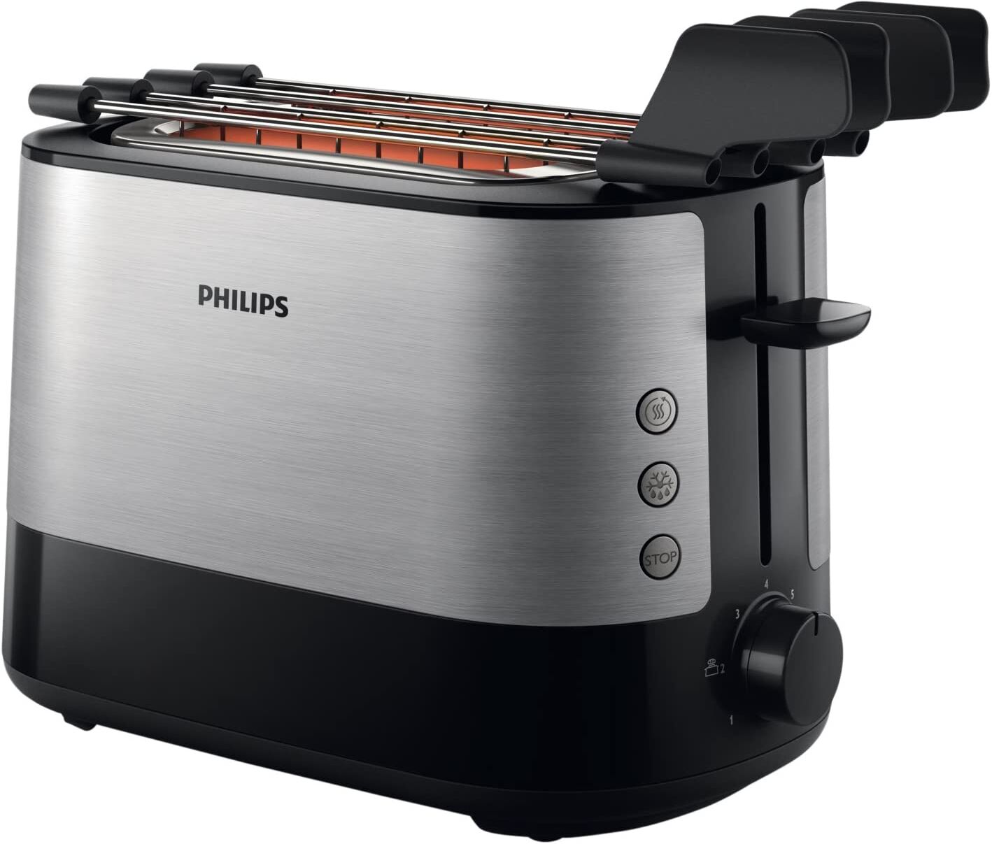 philips hd2639/90 tostapane 2 fette potenza 650 watt 7 livelli di cottura funzione scongelamento e cassetto fondo raccoglibriciole colore nero/acciaio - hd2639/90 viva collection