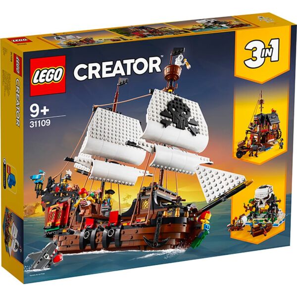 lego 31109 creator 3 in 1 - galeone dei pirati, locanda e isola del teschio con minifigure e squalo, costruzioni per bambini da 9 anni - 31109