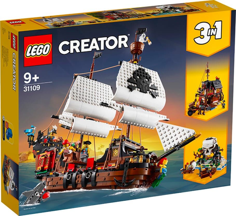 lego 31109 creator 3 in 1 - galeone dei pirati, locanda e isola del teschio con minifigure e squalo, costruzioni per bambini da 9 anni - 31109