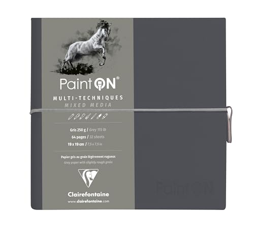 Clairefontaine Taccuino cucito Paint'On 64 fogli 19x19 cm carta grigia 250g, chiusura con elastico, copertina morbida grigia