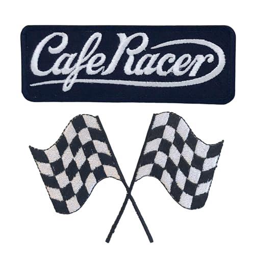 Generic Toppa ricamata con logo Cafe Racer bianco con bandiera finale sul giro, da applicare con ferro da stiro o cucire