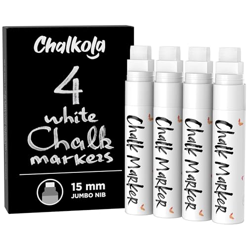 Chalkola White Jumbo Chalk Pens 15mm Window Markers   Pack of 4 White Pens Use on Cars, Chalkboard, Whiteboard, Blackboard, Glass, Bistro   Loved by Teachers, Artists, Businesses