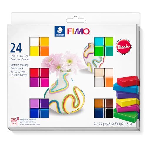 Staedtler FIMO soft ofenhärtende Modelliermasse, Kartonetui mit 24 sortierten Basic-Farben, 24 Halbblöcke à 25 g