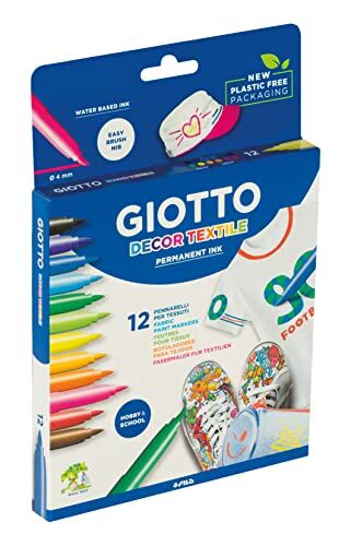 Giotto Decor Textile Confezione da 8 Pennarelli a Colori Standard + 4 Pennarelli Fluo, 4mm, Inchiostro Indelebile