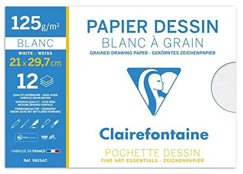 Clairefontaine Pochette per Disegno scolastico 12 Fogli di carta Bianca a grana A4 21x29,7 cm 125g Ideale per le arti plastiche