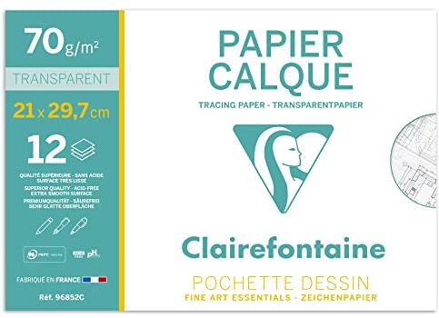 Clairefontaine Pochette per Disegno scolastico 12 Fogli Carta da lucido altamente trasparente A4 21x29,7 cm 70/75g Ideale per il Disegno tecnico