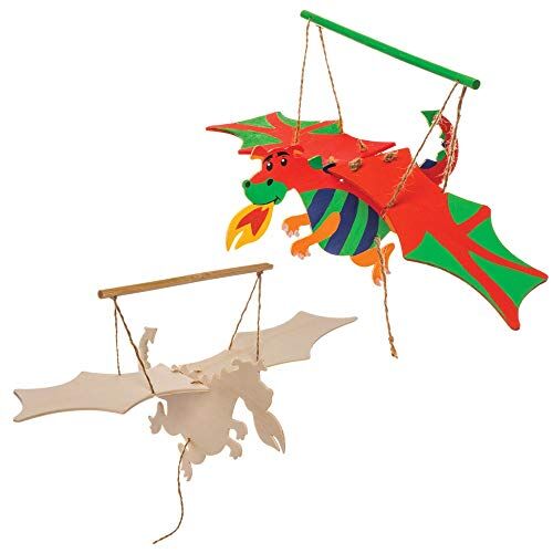 Baker Ross Burattini drago in legno (confezione da 3) Marionetta con ali per i bambini da creare perfetto per l'artigianato in classe, i giorni di pioggia, i gruppi o gli hobby