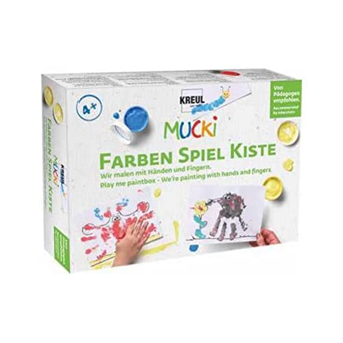 KREUL 29101-Vernice Mucki, Scatola per Il Gioco, Set con 5 Colori a Dita, 2 barattoli, occhietti, Bastoncini di Legno e 10 Sagome da colorare, Multicolore, 50 ml (Confezione da 5), 29101