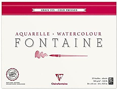 Clairefontaine Blocco collato 4 lati Fontaine 25 Fogli Carta Acquerello Bianca 100% Cotone Grana Fine Qualità Professionale 30x40 cm 300g