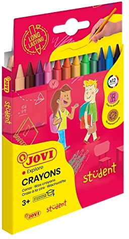 JOVI Crayons Student, Scatola da 12 pastelli in plastica, Colori assortiti, Ideale dai 3 anni, Resistente e performante, Senza Glutine ()