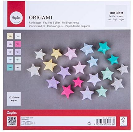 Rayher carta origami, 100 fogli assortiti in 10 colori pastello, 20x20cm, 80g/m2, per bambini ed adulti, lavorazioni con carta, bricolage,