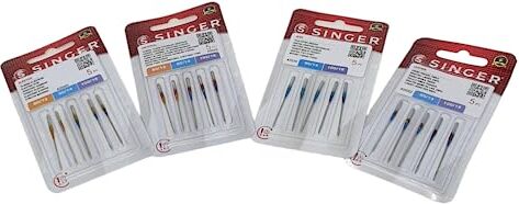 Singer , set di 4 confezioni di aghi per cucire, per punto elastico, universali, per cotone, jeans e pelle 2020, 2045, 20246 e 2032 sistema 130/705 H (piatto da un lato)