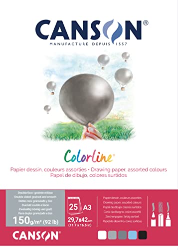 Canson Colorline- Blocco collato lato corto di 25 fogli A3, 150 g/m², colori assortiti grigio