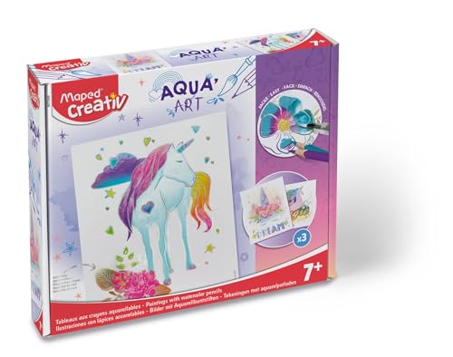 Maped CREATIV AQUA'ART colorare con Unicorno, 10 matite acquerellabili e 3 Modelli su lavagne Metalliche, Multicolore, 1 Set