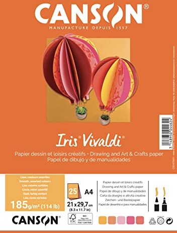 Canson Confezione da 25 fogli IRIS VIVALDI A4 185 g/m², colori assortiti giallo/rosa/rosso