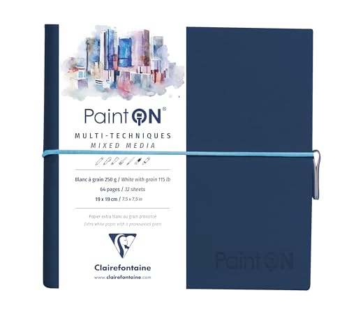 Clairefontaine Taccuino Cucito di carta da disegno Paint'On 64 pagine Bianche a grana 19x19 cm 250g, chiusura con elastico, Copertina Morbida blu