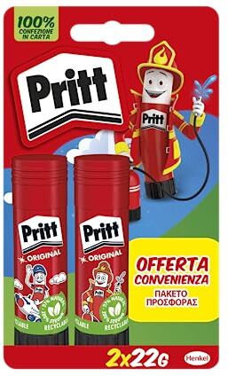 Pritt Colla Stick 2 X 22 gr, Colla per Bambini Sicura e Affidabile, Colla  per Lavoretti e Fai da te, con una Tenuta Forte per Uso Scuola e Ufficio, 2 Stick X 22 gr