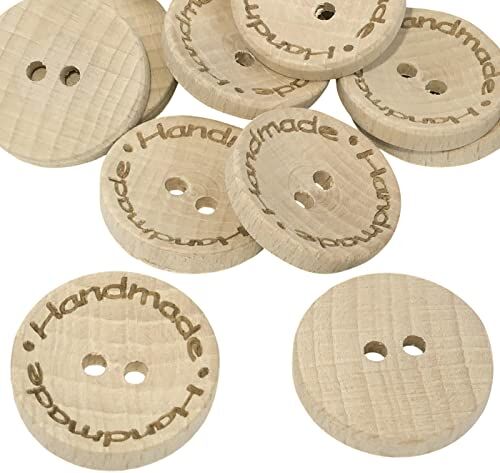 Aerzetix C56494 Set di 10 bottoni per cucire rotondi in legno 25x5mm "Handmade" con 2 fori 40L L40 colore naturale apertura 3mm per artigianato merceria cucito abbigliamento decorazione