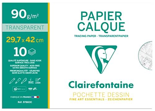 Clairefontaine -Pochette per Disegno scolastico 10 Fogli Carta da lucido altamente trasparente A3 29,7x42 cm 90/95g Ideale per il Disegno tecnico