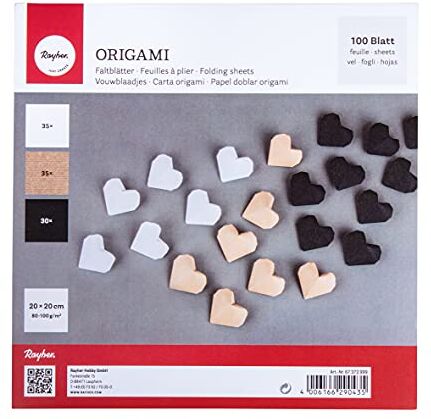 Rayher carta origami, 100 fogli assortiti in 10 colori misti, 20x20cm, 80g/m2, per bambini ed adulti, lavorazioni con carta, bricolage,